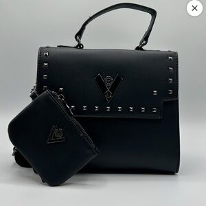 Elegant Black Studded Satchel with Matching Wallet